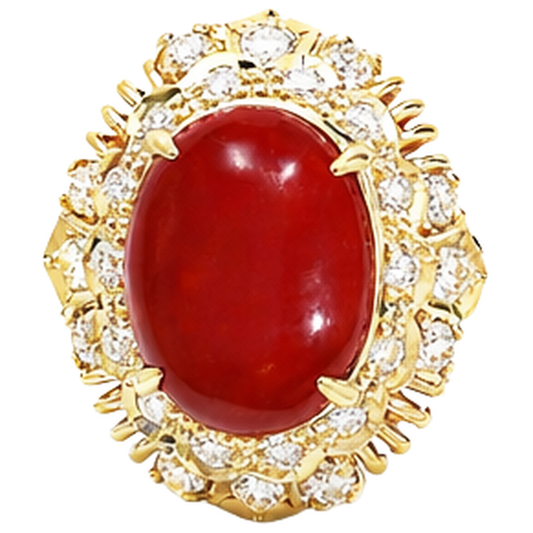 13.50 Kt Oval Rote Koralle Mit Runden Aus der Erde Abgebauter Natürlicher Diamanten Ring Gelbgold 14K