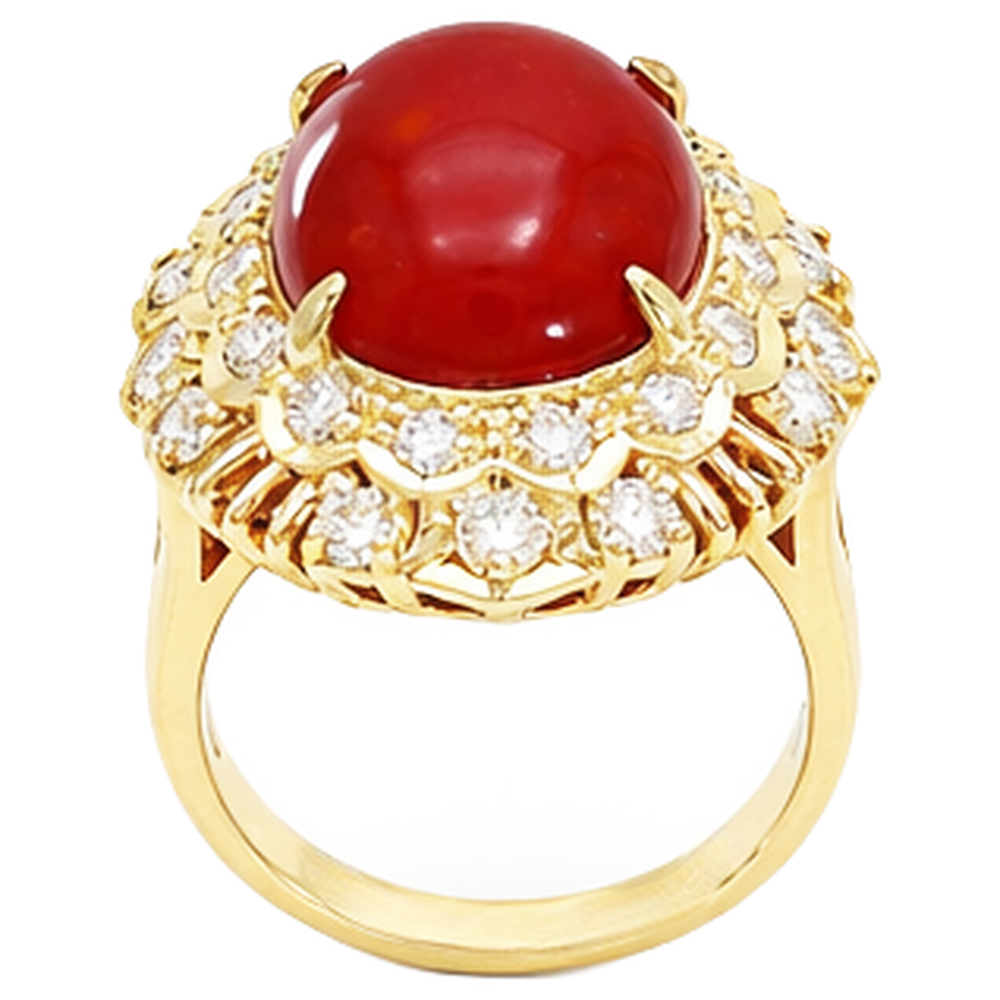 13.50 Kt Oval Rote Koralle Mit Runden Aus der Erde Abgebauter Natürlicher Diamanten Ring Gelbgold 14K