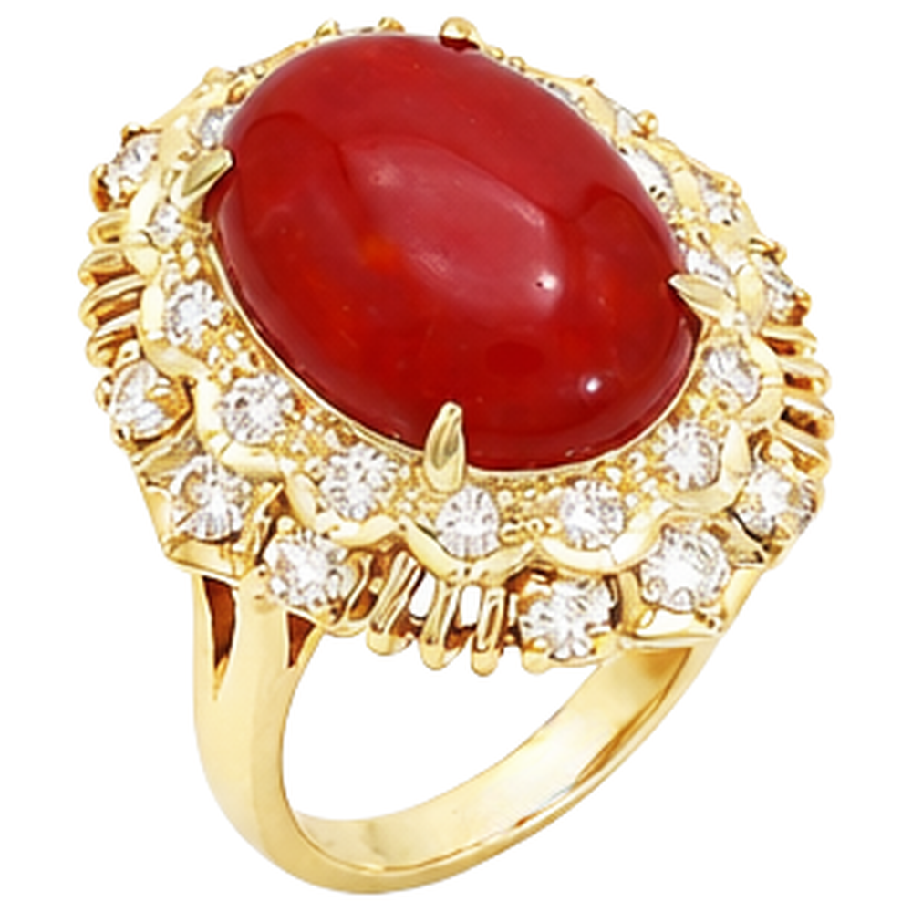 13.50 Kt Oval Rote Koralle Mit Runden Aus der Erde Abgebauter Natürlicher Diamanten Ring Gelbgold 14K