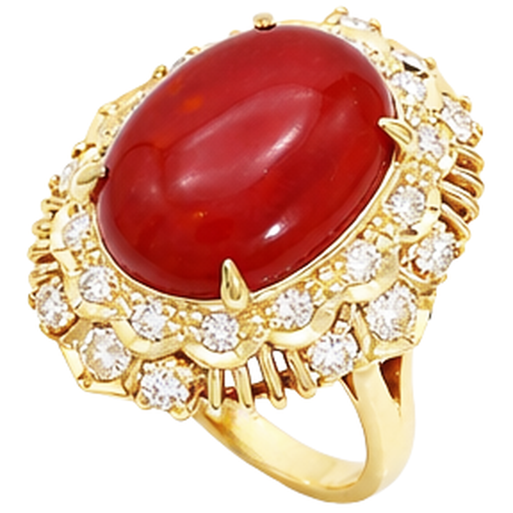 13.50 Kt Oval Rote Koralle Mit Runden Aus der Erde Abgebauter Natürlicher Diamanten Ring Gelbgold 14K