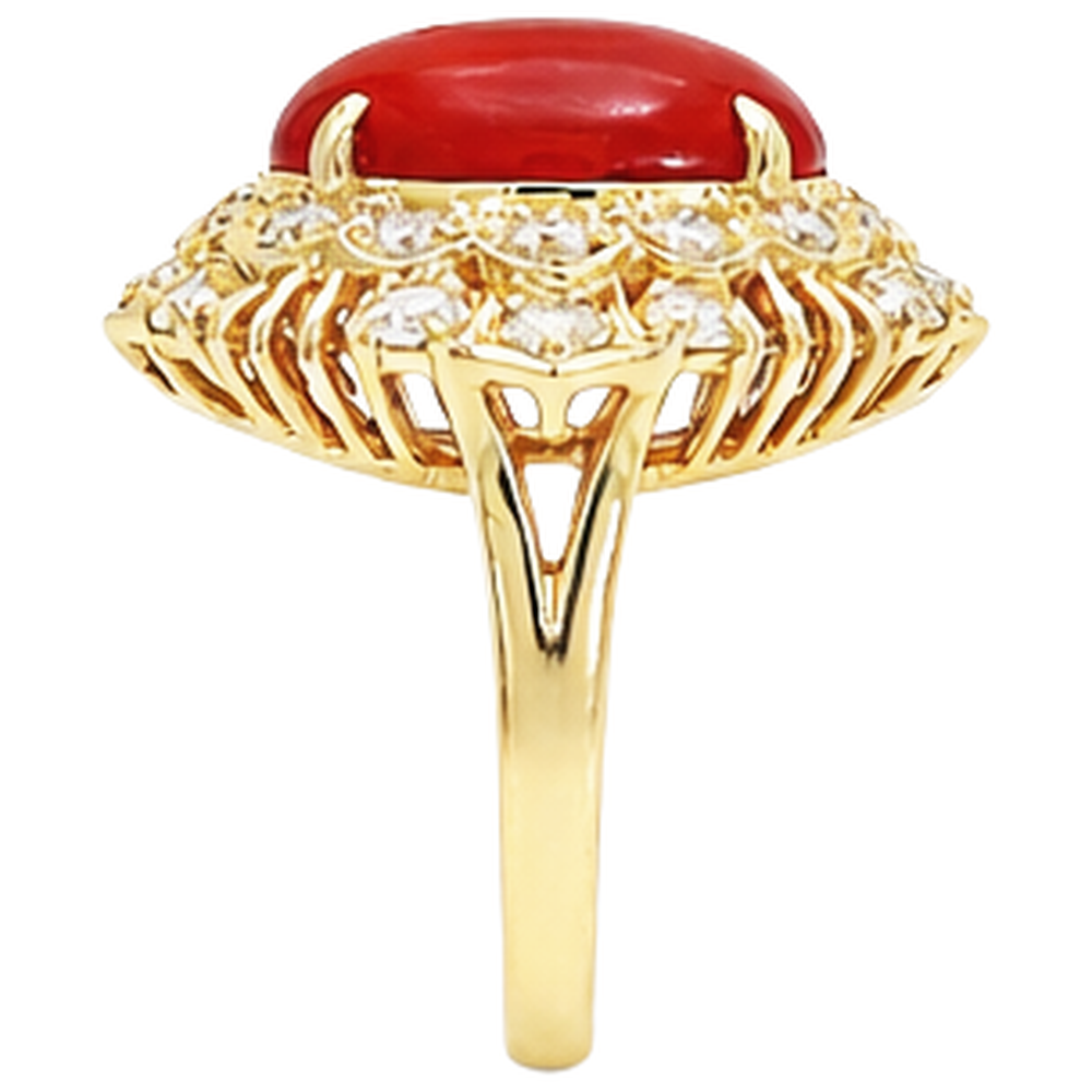 13.50 Kt Oval Rote Koralle Mit Runden Aus der Erde Abgebauter Natürlicher Diamanten Ring Gelbgold 14K