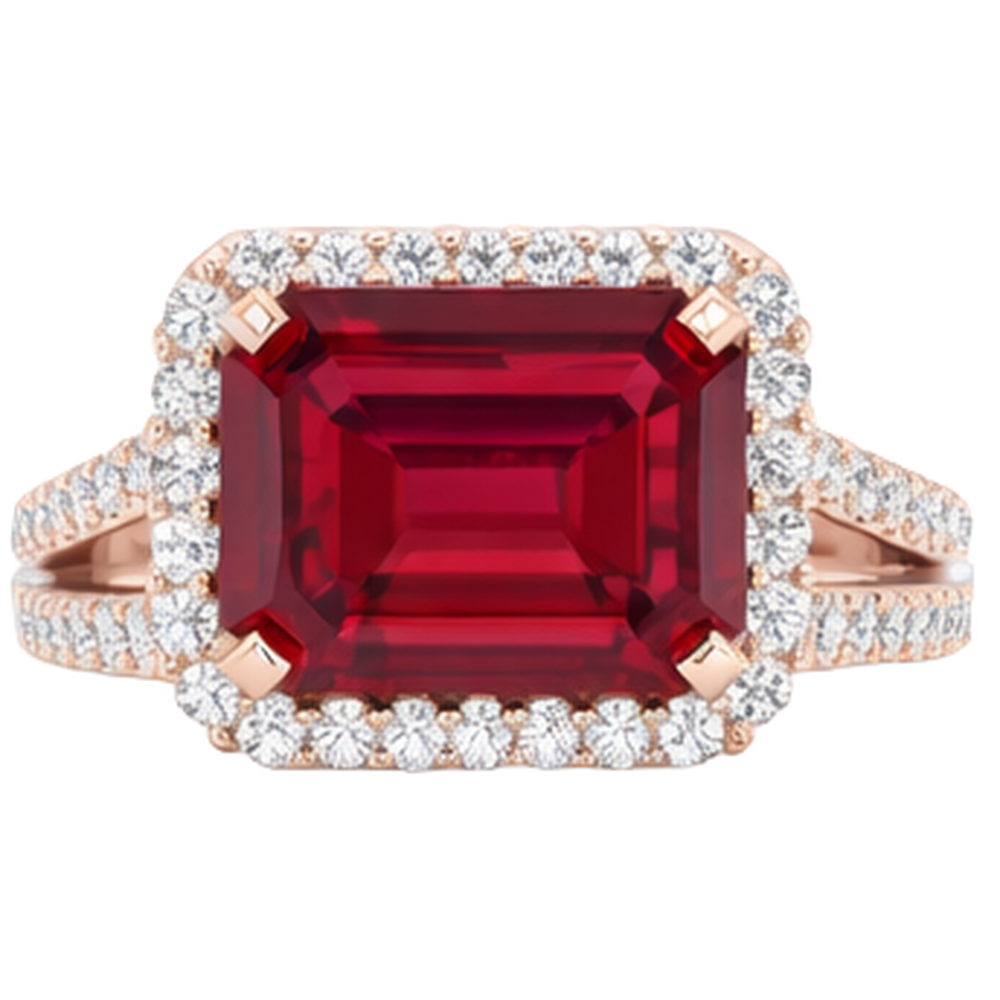 13 Karat Roter Rubin Smaragdschliff mit Aus der Erde Abgebauter Natürlicher Diamant Ehering 14 Karat Roségold