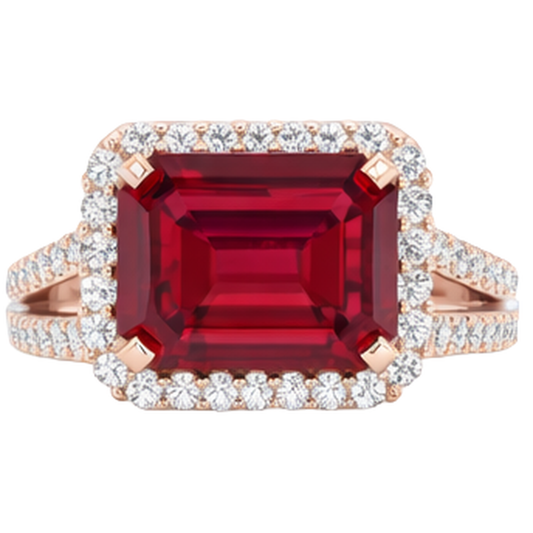 13 Karat Roter Rubin Smaragdschliff mit Aus der Erde Abgebauter Natürlicher Diamant Ehering 14 Karat Roségold