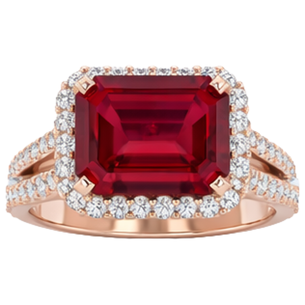 13 Karat Roter Rubin Smaragdschliff mit Aus der Erde Abgebauter Natürlicher Diamant Ehering 14 Karat Roségold