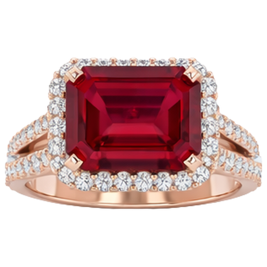 13 Karat Roter Rubin Smaragdschliff mit Aus der Erde Abgebauter Natürlicher Diamant Ehering 14 Karat Roségold