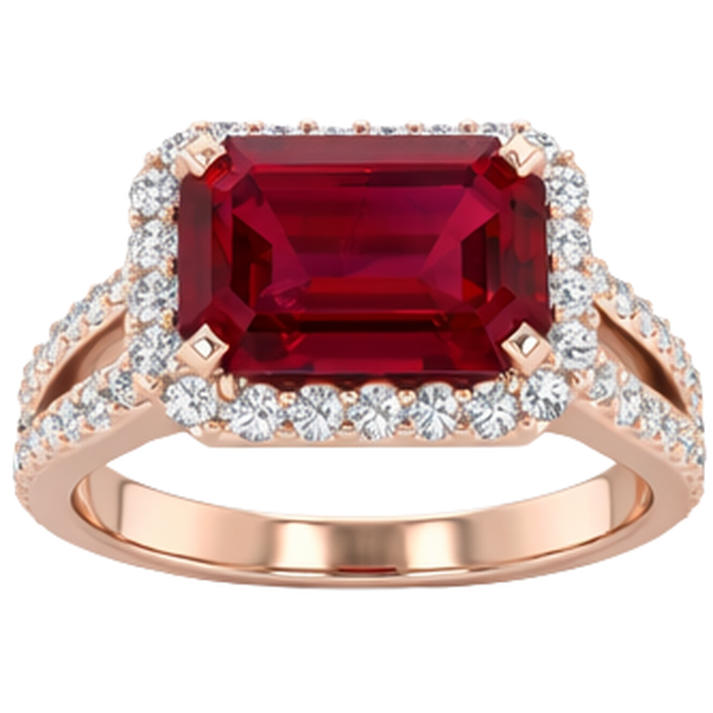 13 Karat Roter Rubin Smaragdschliff mit Aus der Erde Abgebauter Natürlicher Diamant Ehering 14 Karat Roségold
