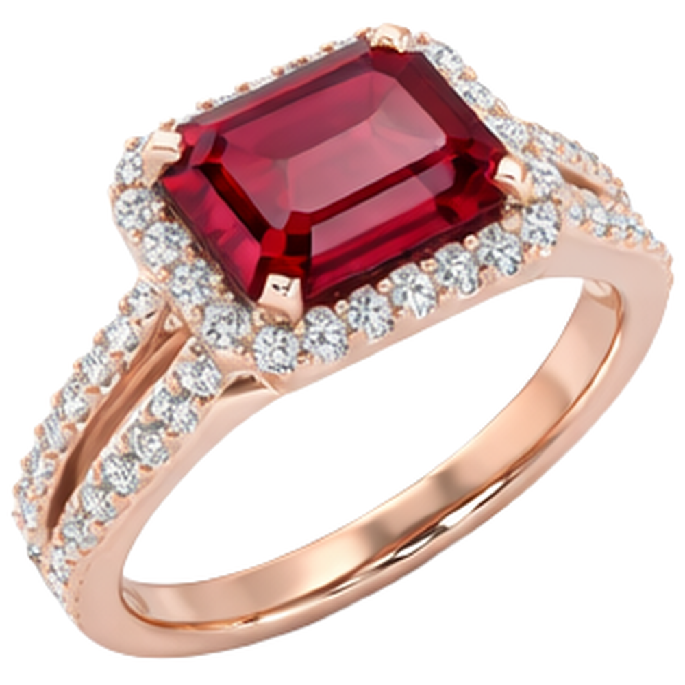 13 Karat Roter Rubin Smaragdschliff mit Aus der Erde Abgebauter Natürlicher Diamant Ehering 14 Karat Roségold
