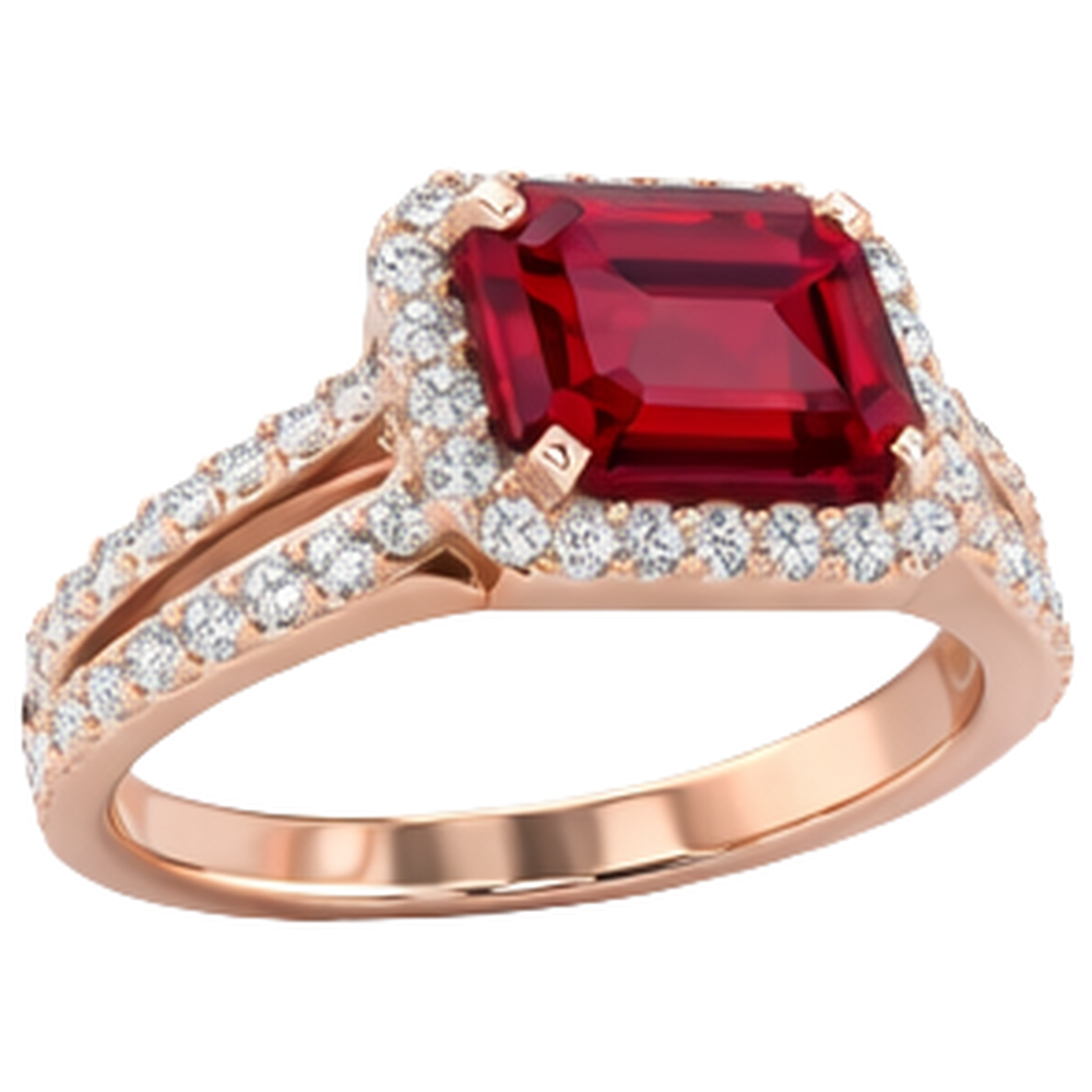 13 Karat Roter Rubin Smaragdschliff mit Aus der Erde Abgebauter Natürlicher Diamant Ehering 14 Karat Roségold