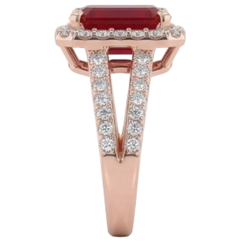 13 Karat Roter Rubin Smaragdschliff mit Aus der Erde Abgebauter Natürlicher Diamant Ehering 14 Karat Roségold