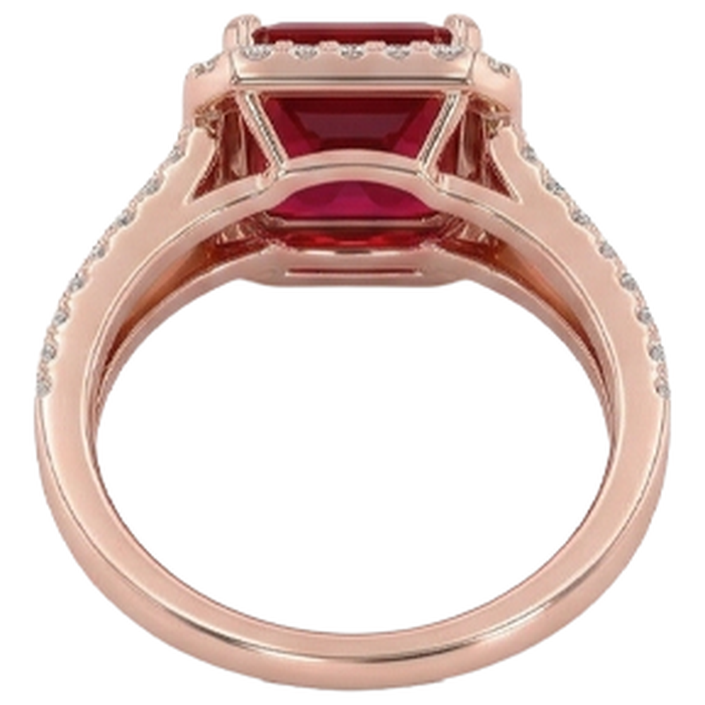 13 Karat Roter Rubin Smaragdschliff mit Aus der Erde Abgebauter Natürlicher Diamant Ehering 14 Karat Roségold