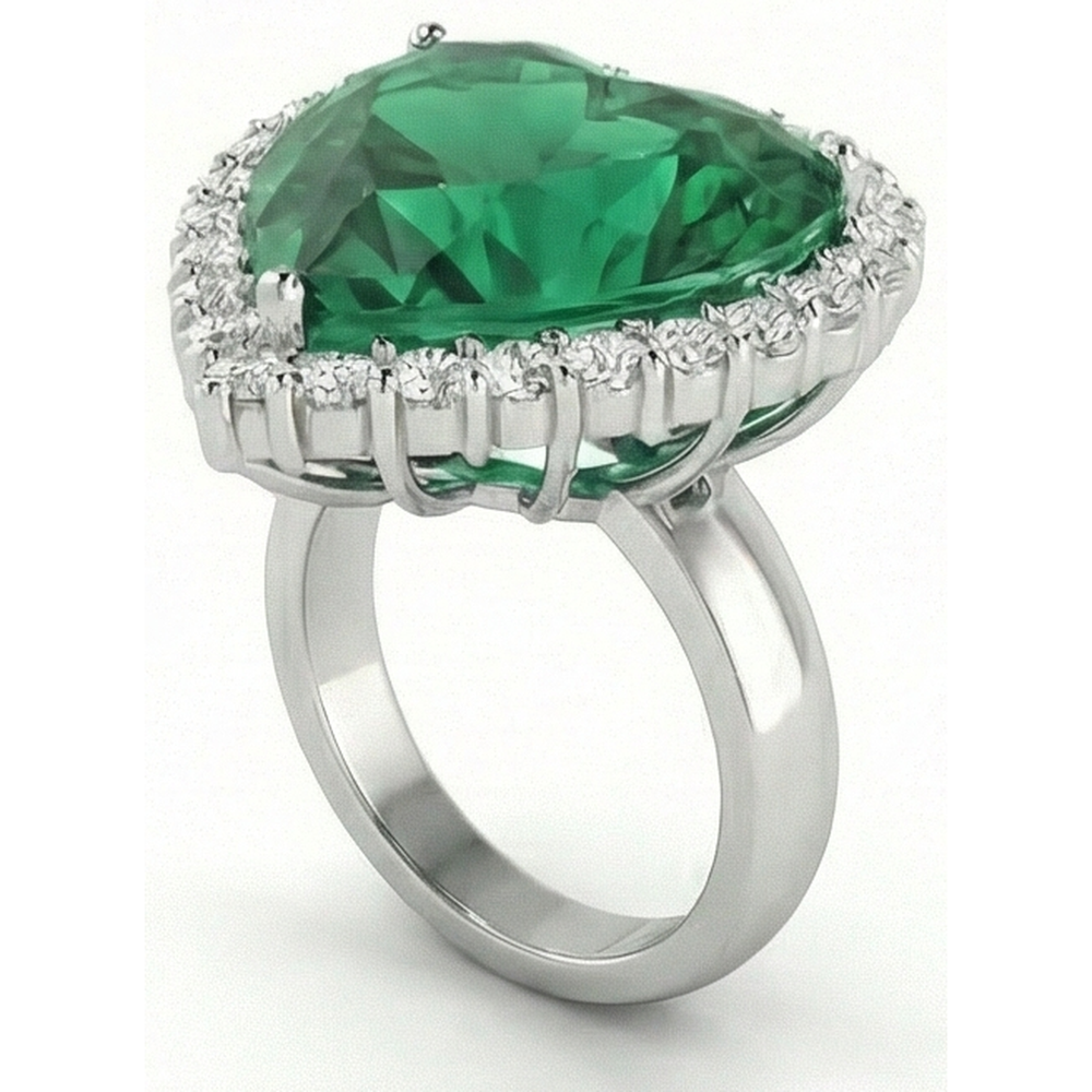 13 Karat herzförmiger grüner Smaragd mit Aus der Erde Abgebauter Natürlicher Diamant-Ehering 14K