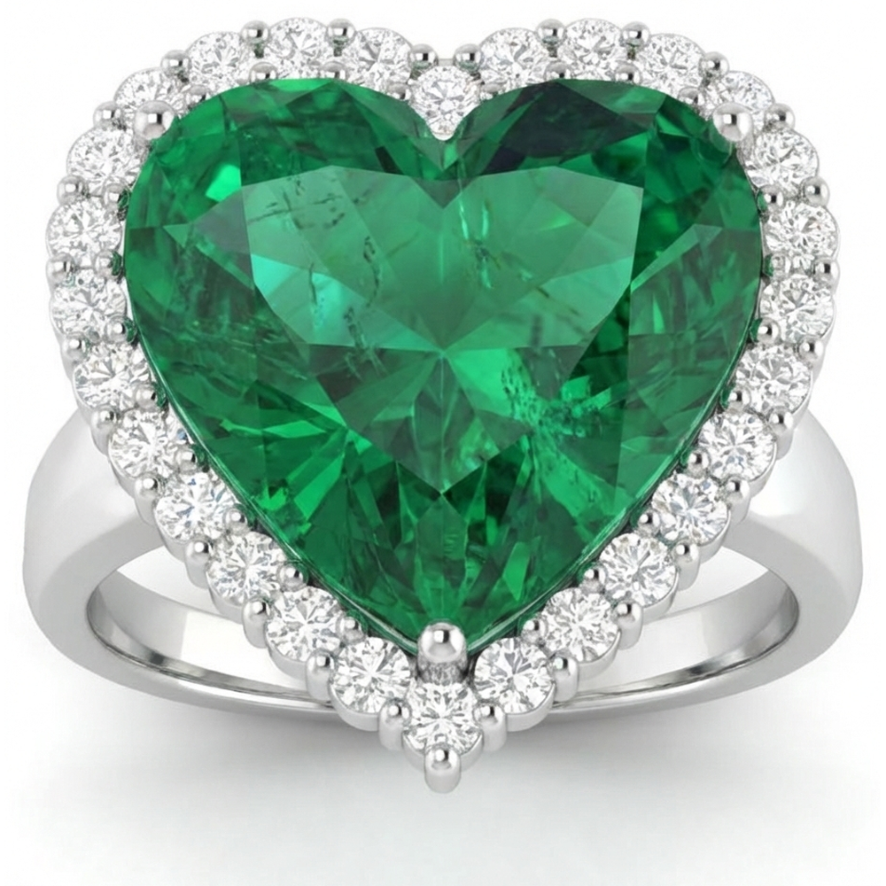 13 Karat herzförmiger grüner Smaragd mit Aus der Erde Abgebauter Natürlicher Diamant-Ehering 14K