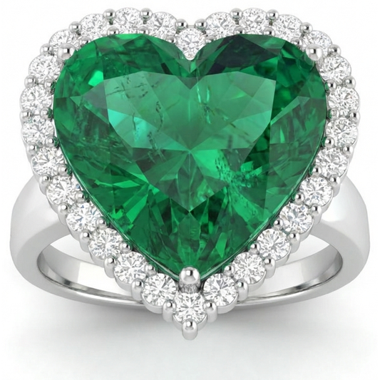 13 Karat herzförmiger grüner Smaragd mit Aus der Erde Abgebauter Natürlicher Diamant-Ehering 14K