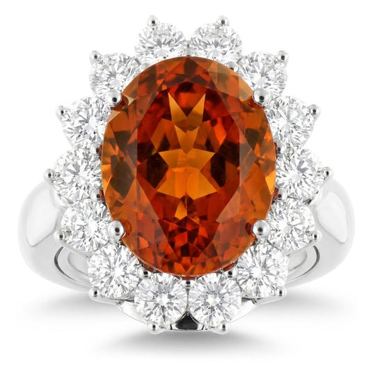 13 Kt Oval Mandarin Granat mit runden Aus der Erde Abgebauter Natürlicher Diamanten Ring Weißgold