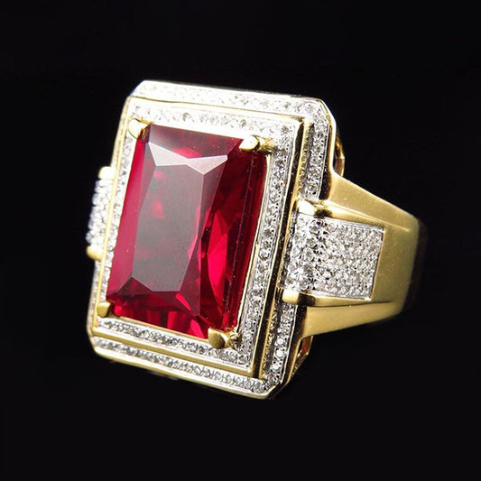 13 Karat Großer Smaragd Schliff Roter Aaa Herren Rubin Ring Mit Aus der Erde Abgebauter Natürlicher Diamant Gelb Gold 14K