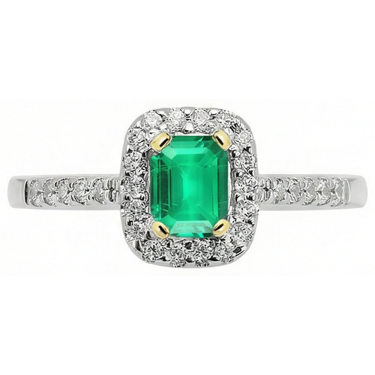 Edler Smaragd Treppen-Schliff Farbstein-Ring in Zweifarbiges 14K Gold – Frontansicht