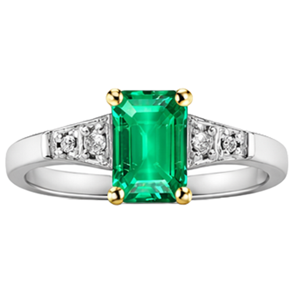 Edler Smaragd Smaragd-Schliff Farbstein-Ring in 14 Karat Zweifarbig Gold – Schrägansicht
