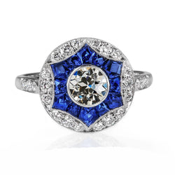 14K Gold Halo Ring Alter europäischer Echt Diamant & blaue Saphire 4.25 Karat