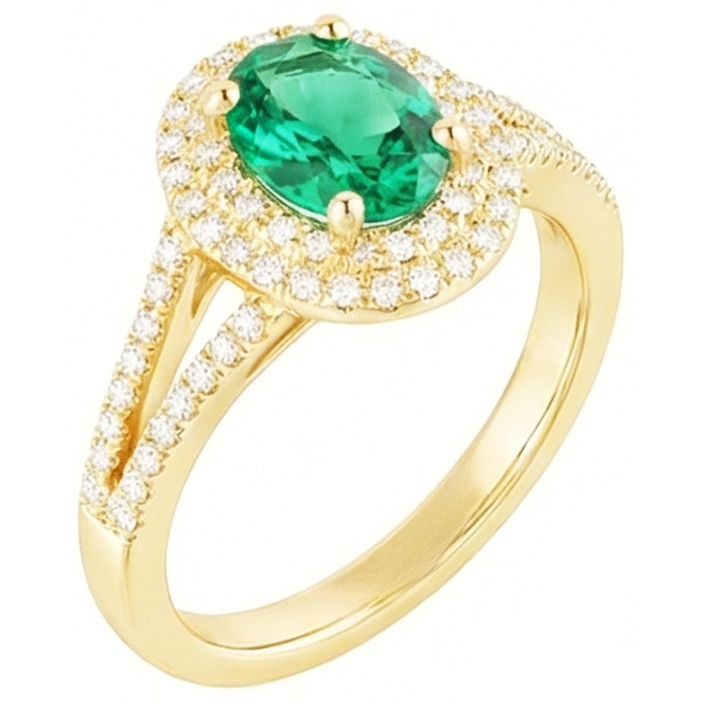 14K Gold Oval geformter grüner Smaragd mit rundem Aus der Erde Abgebauter Natürlicher Diamantring 6 Karat