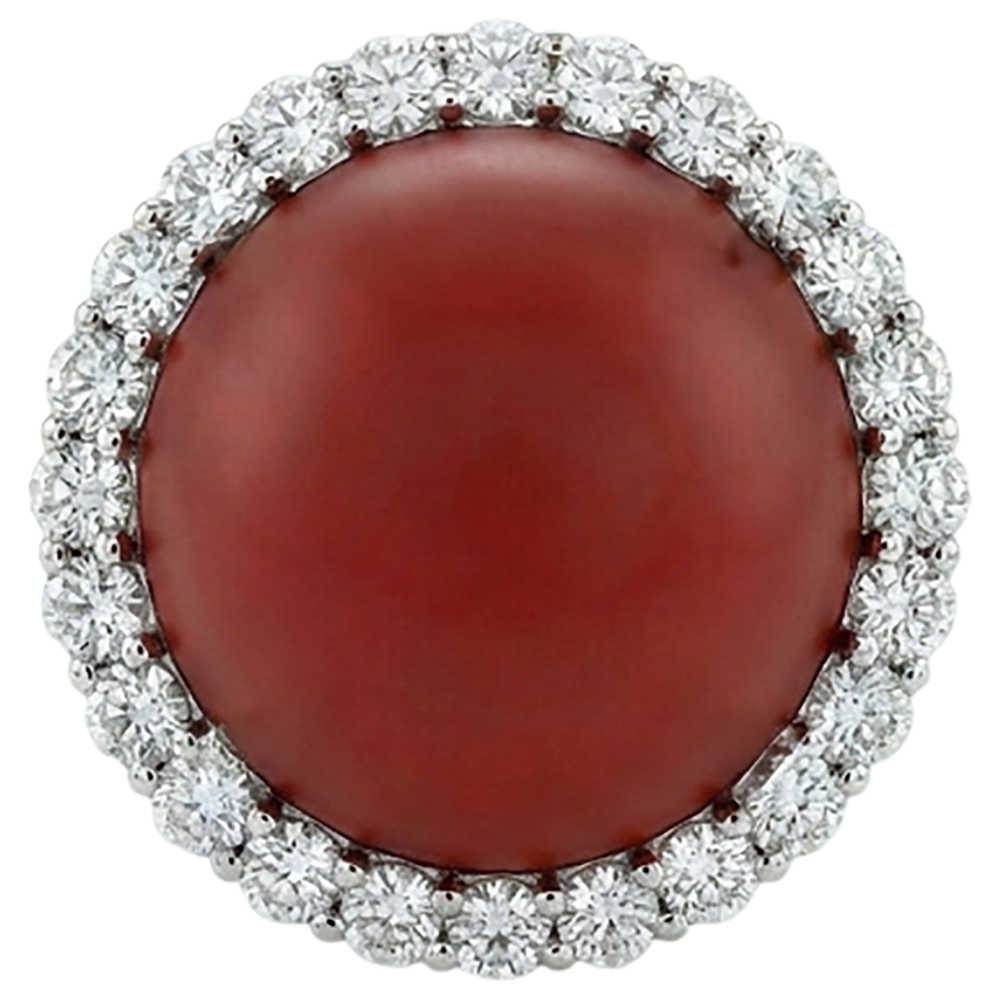 14K Weißgold 15 Karat Verlobungsring mit roten Korallen und Aus der Erde Abgebauter Natürlicher Diamanten