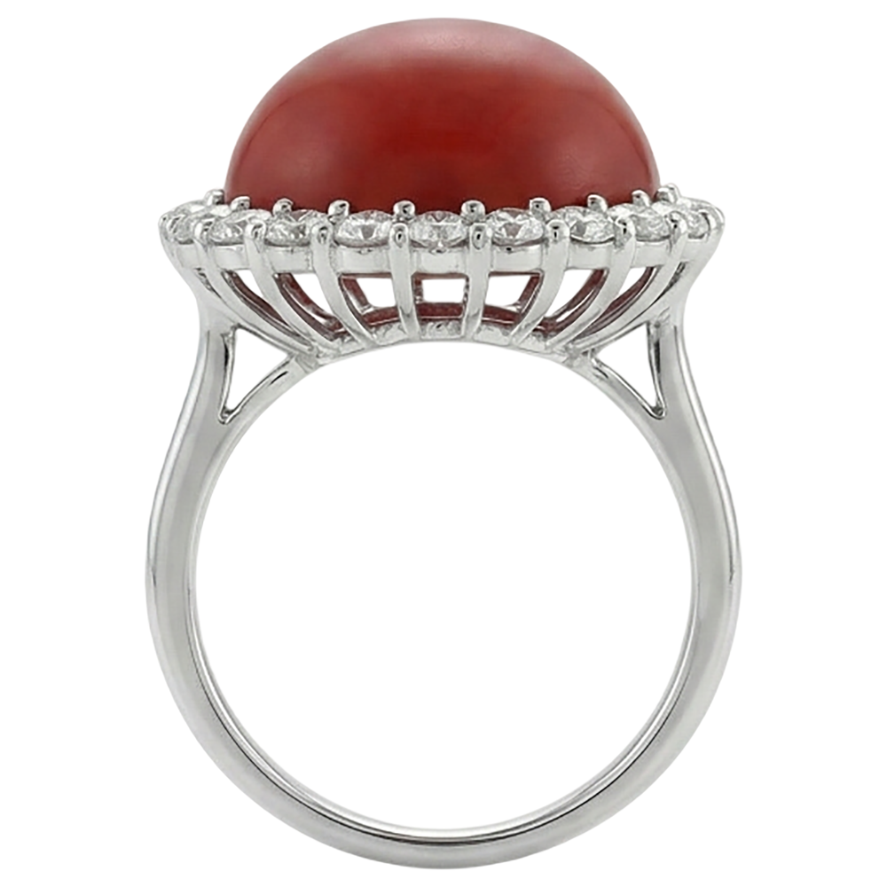 14K Weißgold 15 Karat Verlobungsring mit roten Korallen und Aus der Erde Abgebauter Natürlicher Diamanten