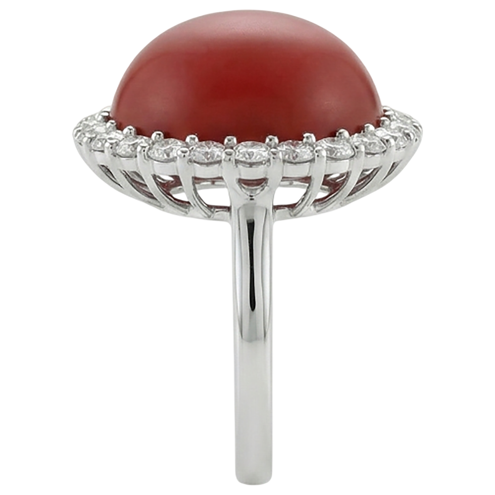 14K Weißgold 15 Karat Verlobungsring mit roten Korallen und Aus der Erde Abgebauter Natürlicher Diamanten