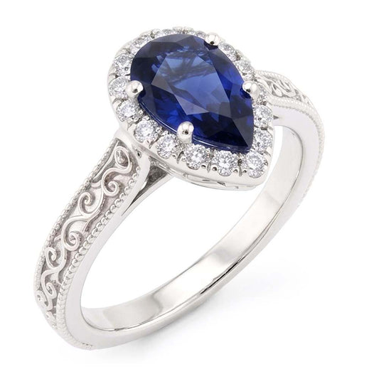 14K Weißgold Antik Blauer Saphir Edelstein-Ring 1 Karat