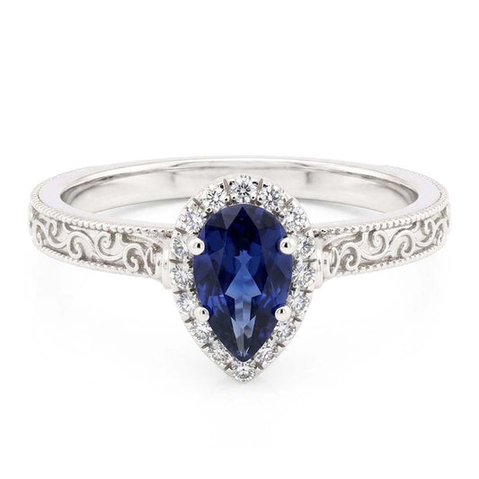 14K Weißgold Antik Blauer Saphir Edelstein-Ring 1 Karat