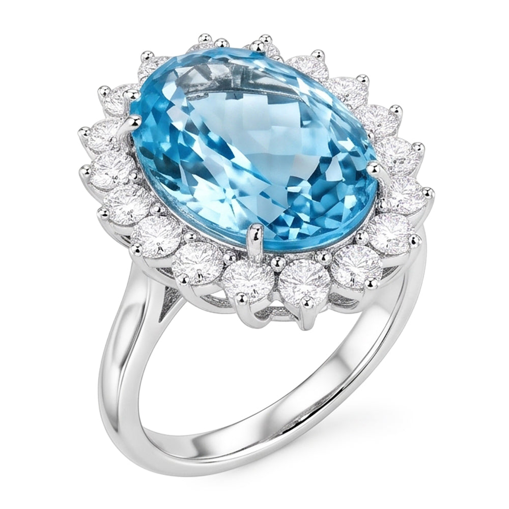 14K Weißgold Aquamarin mit Aus der Erde Abgebauter Natürlicher Diamanten 9 Karat Verlobungsring