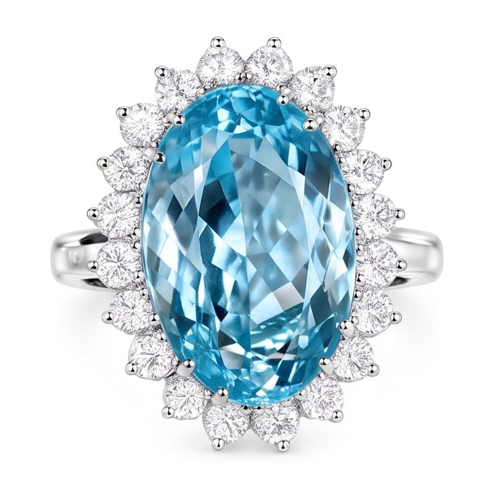14K Weißgold Aquamarin mit Aus der Erde Abgebauter Natürlicher Diamanten 9 Karat Verlobungsring