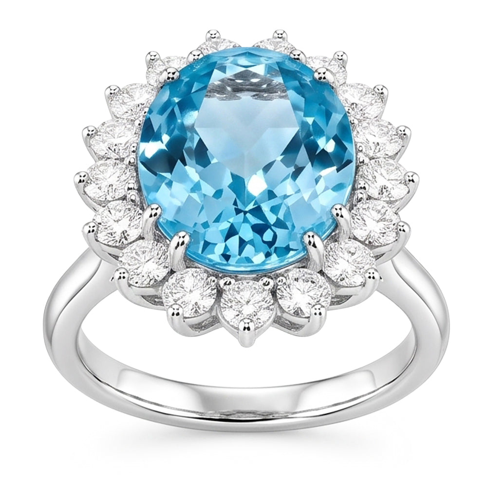 14K Weißgold Aquamarin mit Aus der Erde Abgebauter Natürlicher Diamanten 9 Karat Verlobungsring