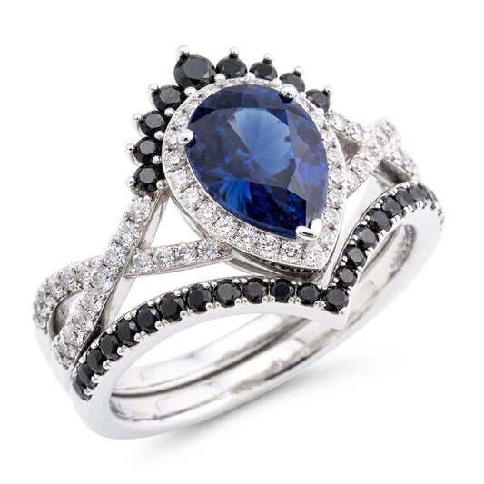 14K Weißgold Schwarzer Diamant Blauer Saphir Farbstein-Ring 4
