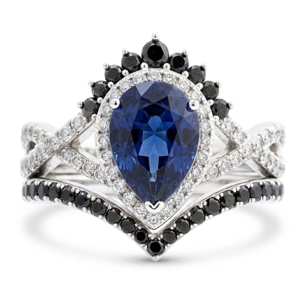 14K Weißgold Schwarzer Diamant Blauer Saphir Farbstein-Ring 4