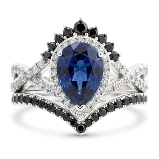 14K Weißgold Schwarzer Diamant Blauer Saphir Farbstein-Ring 4
