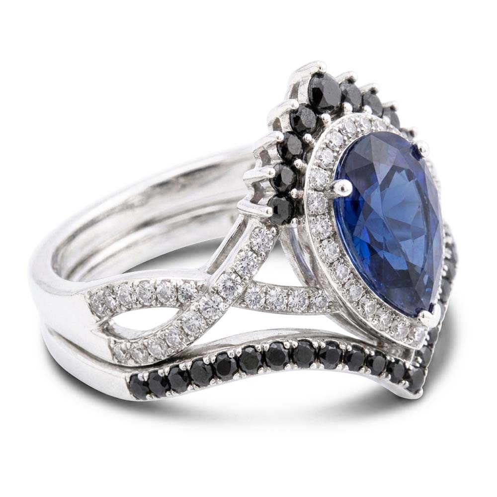 14K Weißgold Schwarzer Diamant Blauer Saphir Farbstein-Ring 4