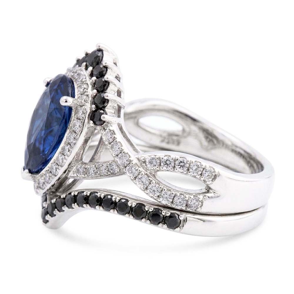 14K Weißgold Schwarzer Diamant Blauer Saphir Farbstein-Ring 4