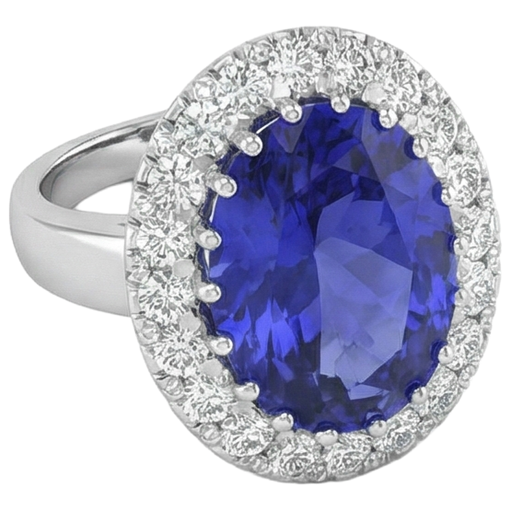 14K Weißgold, 15 Kt. Großer Tansanit-Ring mit kleinen Aus der Erde Abgebauter Natürlicher Diamanten Neu