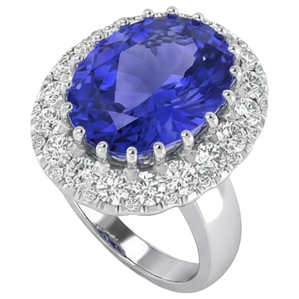 14K Weißgold, 15 Kt. Großer Tansanit-Ring mit kleinen Aus der Erde Abgebauter Natürlicher Diamanten Neu