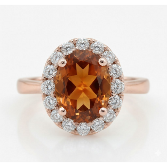 14K Roségold Ehering mit Citrin und Aus der Erde Abgebauter Natürlicher Diamant im Ovalschliff 27.50 ct.