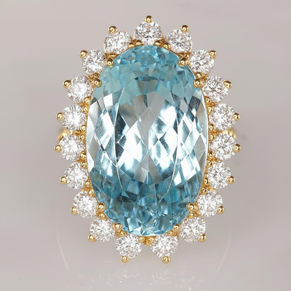 14K Weißgold Aquamarin mit Aus der Erde Abgebauter Natürlicher Diamanten 9 Karat Verlobungsring