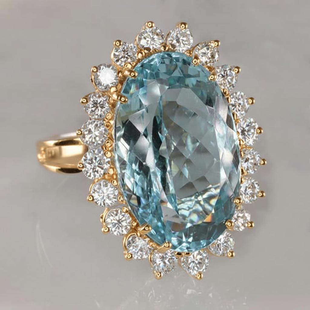 14K Weißgold Aquamarin mit Aus der Erde Abgebauter Natürlicher Diamanten 9 Karat Verlobungsring
