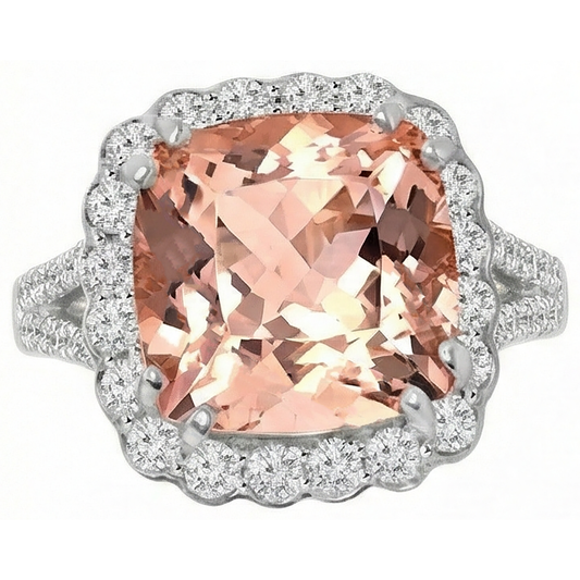 15.25 ct Kissen Morganit mit runden Aus der Erde Abgebauter Natürlicher Diamanten Ring 14K Weißgold