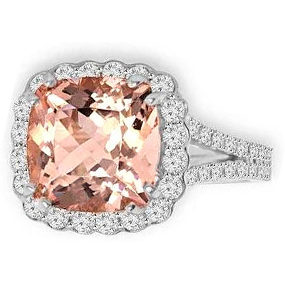 15.25 ct Kissen Morganit mit runden Aus der Erde Abgebauter Natürlicher Diamanten Ring 14K Weißgold