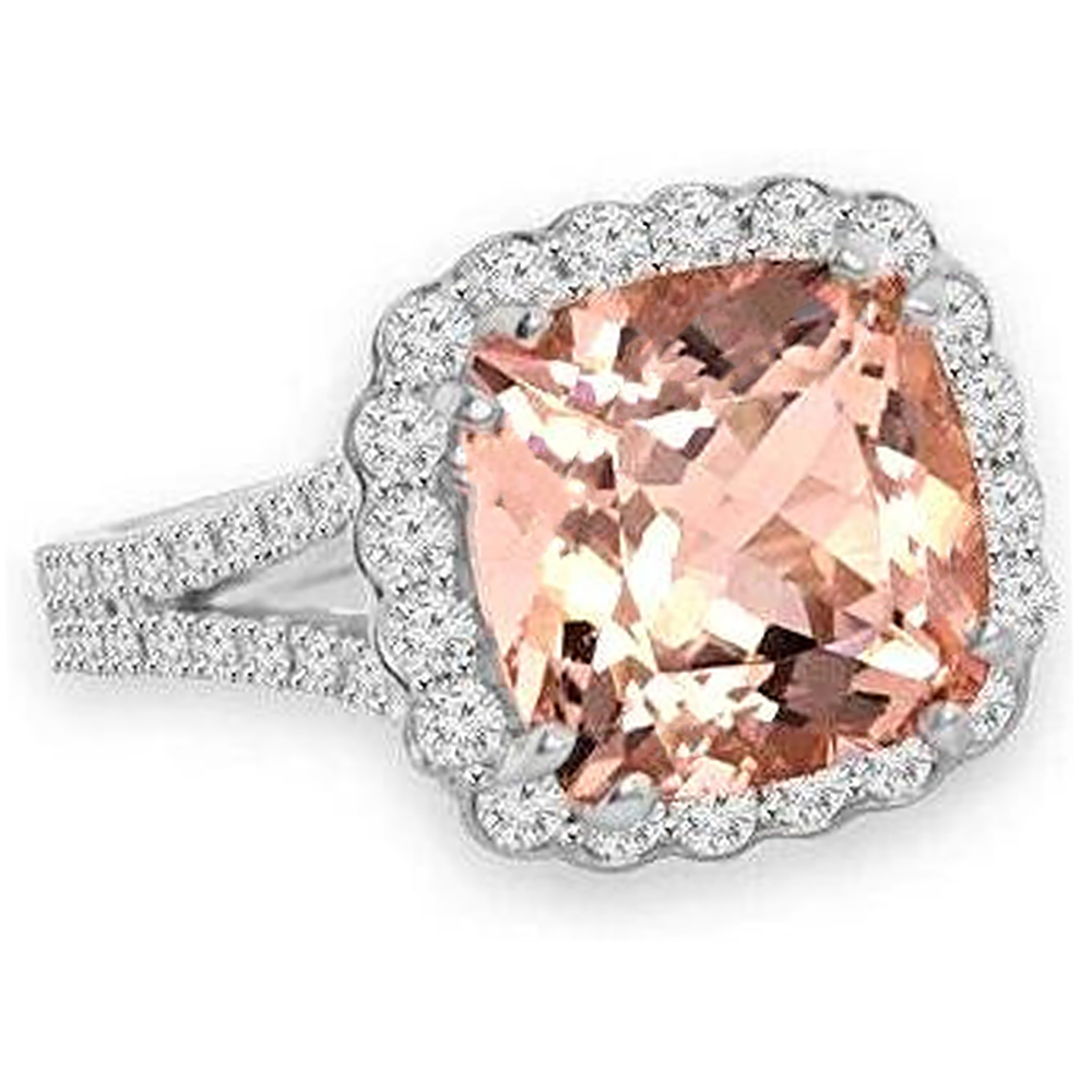 15.25 ct Kissen Morganit mit runden Aus der Erde Abgebauter Natürlicher Diamanten Ring 14K Weißgold