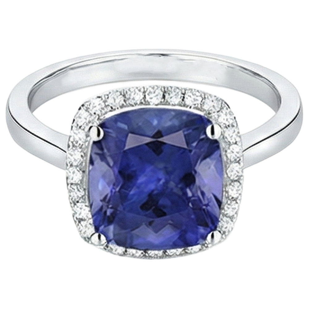 15.25 ct Kissen Tansanit mit Aus der Erde Abgebauter Natürlicher Diamanten Ring Gold 14K