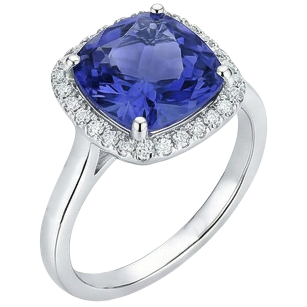 15.25 ct Kissen Tansanit mit Aus der Erde Abgebauter Natürlicher Diamanten Ring Gold 14K