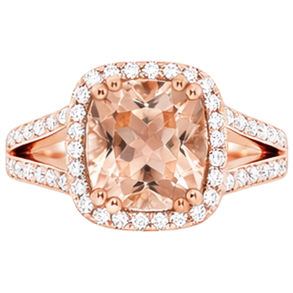 15 Kt Kissen Morganit Und Runde Aus der Erde Abgebauter Natürlicher Diamanten Ring Roségold 14K