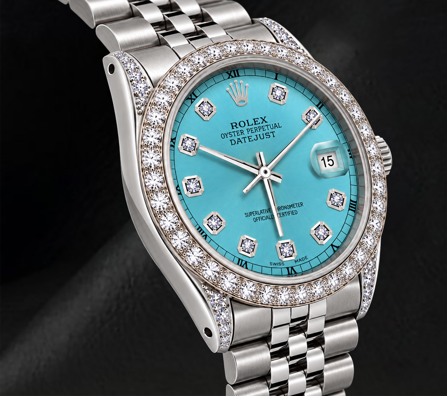Rolex Datejust 36 mm 16200 Uhr aus Edelstahl mit eisblauem Diamantzifferblatt