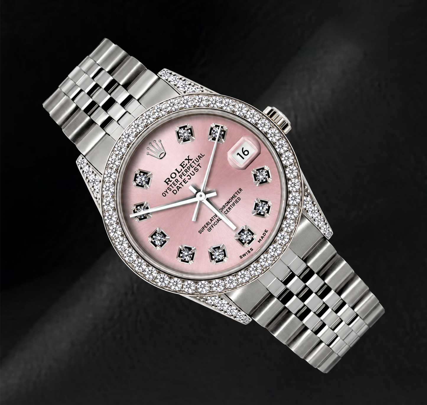 Rolex Datejust 36mm 16200 Edelstahl-Armbanduhr mit rosa Diamantzifferblatt und Diamantlünette