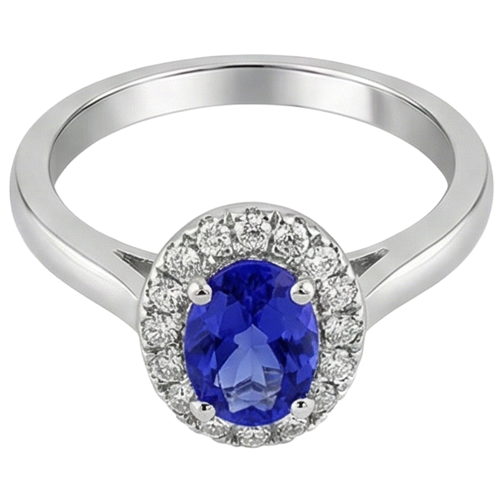 17 Karat Oval Tansanit mit runden Aus der Erde Abgebauter Natürlicher Diamanten Ring Gold Weiß 14K